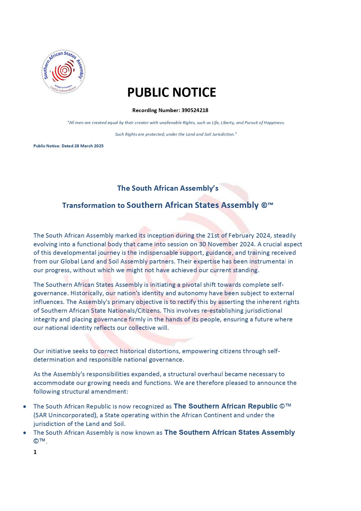 Public Notice Southern African States Assembly ©™ Recording number 390524218 